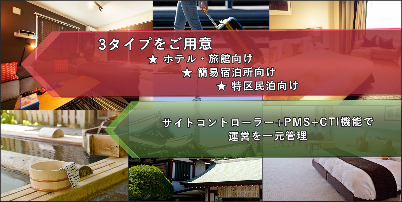 3タイプをご用意　ホテル・t旅館向け　簡易宿泊所向け　特区民泊向け　サイトコントローラー＋PMS+CTI機能で運営を一元管理